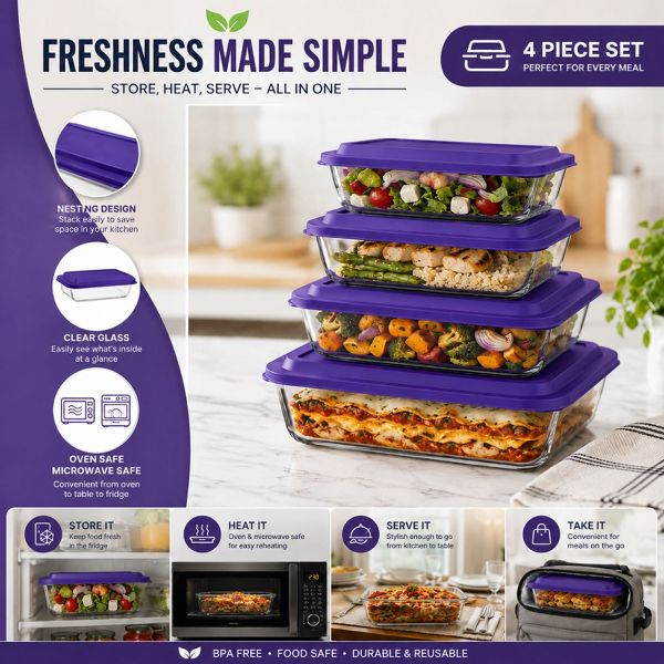 Sorbus 8-Piece Deep Glass Baking Dish Set with Lids - Versatile, Durable, Oven-Safe, & Dishwasher-Safe for Easy Baking, Storing, & Serving