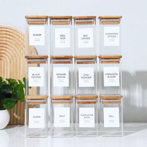 12-Pack 4 oz Square Glass Spice Jars with Bamboo Lids and 70 Labels, Clear Seasoning Storage Containers