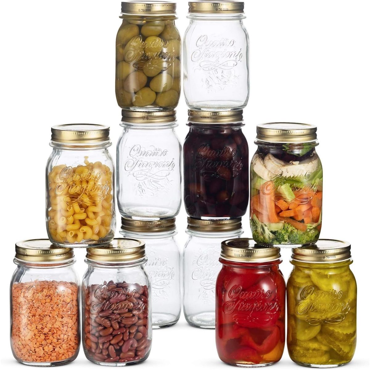 Bormioli Rocco Quattro Stagioni 10.75 oz Glass Preserving Jar Set of 12, Wide‑Mouth Twist‑Top Canister with Airtight Seal, Bee embossed Storage