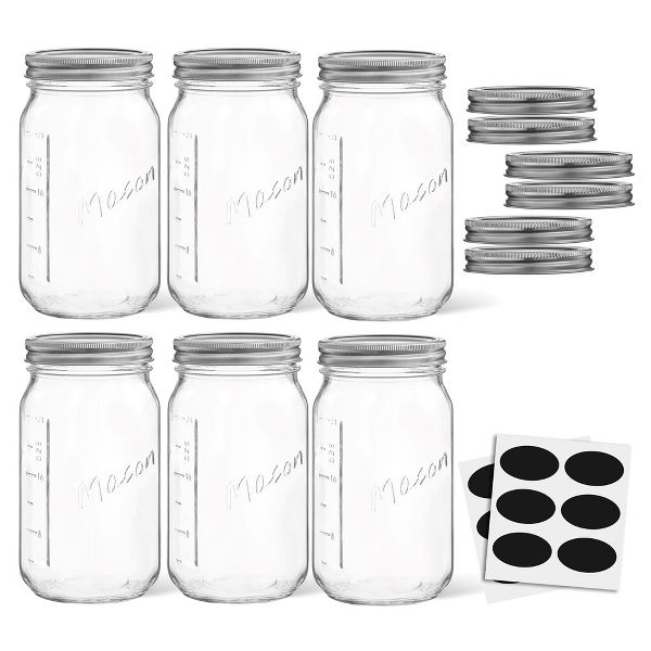 JoyJolt Wide Mason Jars with Airtight Lids, Labels and Measures - 32 oz - Set of 6