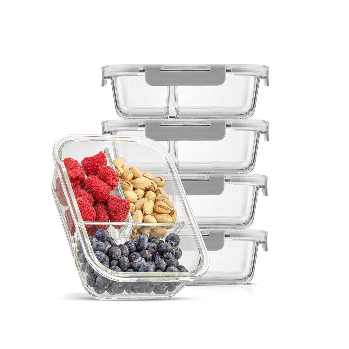 JoyJolt 3-Sectional Divided Food Prep Food Storage Containers with Lids - Set of 5 - Black