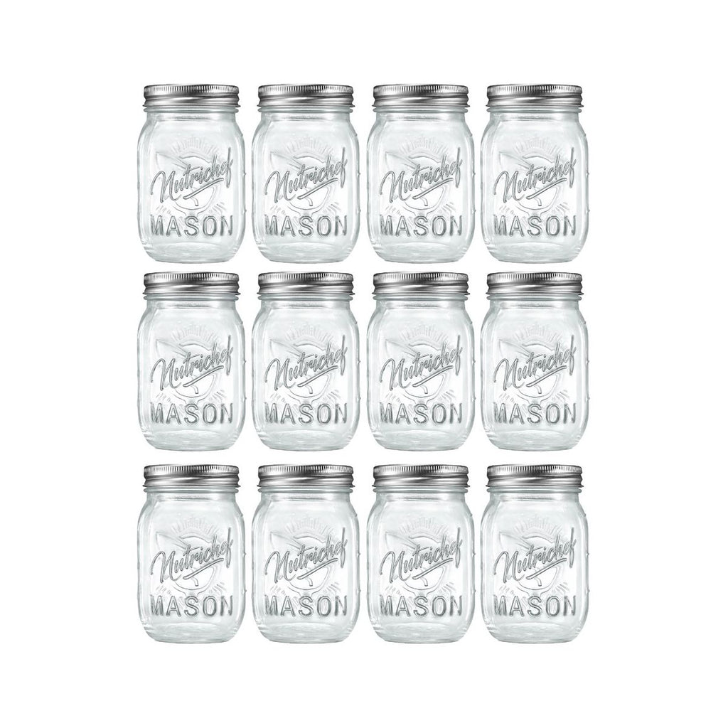 NutriChef 12 Pcs. Glass Mason Jars with Regular Lids and Bands, DIY Magnetic Spice Jars, Ideal for Meal Prep, Jam, Honey, Wedding Favors, and more