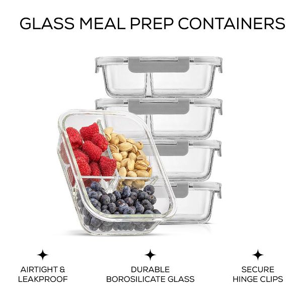 JoyJolt 3-Sectional Divided Food Prep Food Storage Containers with Lids - Set of 5 - Black