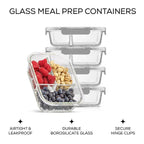 JoyJolt 3-Sectional Divided Food Prep Food Storage Containers with Lids - Set of 5 - Black