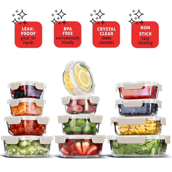 JoyTable 12-Pack Glass Food Storage Containers with Lids, Reusable Glass Food Containers with Leakproof Snap Lock Lids