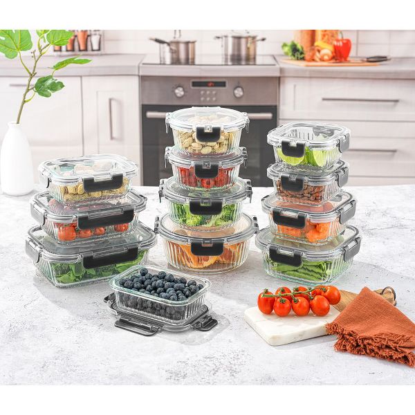 JoyJolt 24 Piece Fluted Glass Food Storage Containers with Leakproof Lids Set - Black