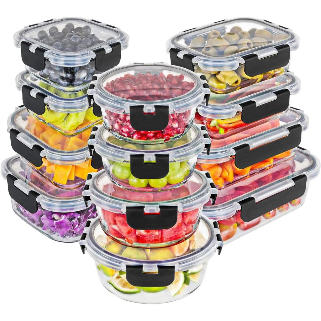 Magic Mill 24pc Glass Food Storage Container Set – 12 Borosilicate Containers, 12 Airtight Lids, Freezer, Oven, Dishwasher Safe, BPA-Free, black