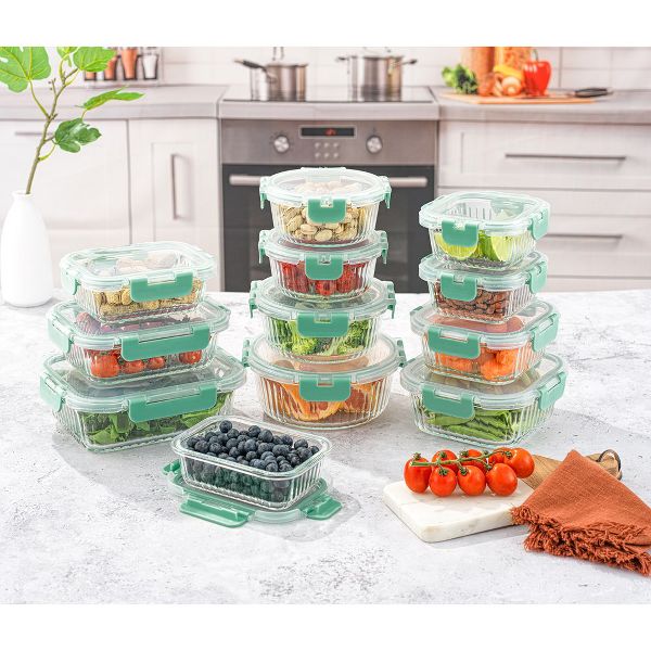 JoyJolt 24 Piece Fluted Glass Food Storage Containers with Leakproof Lids Set - Black