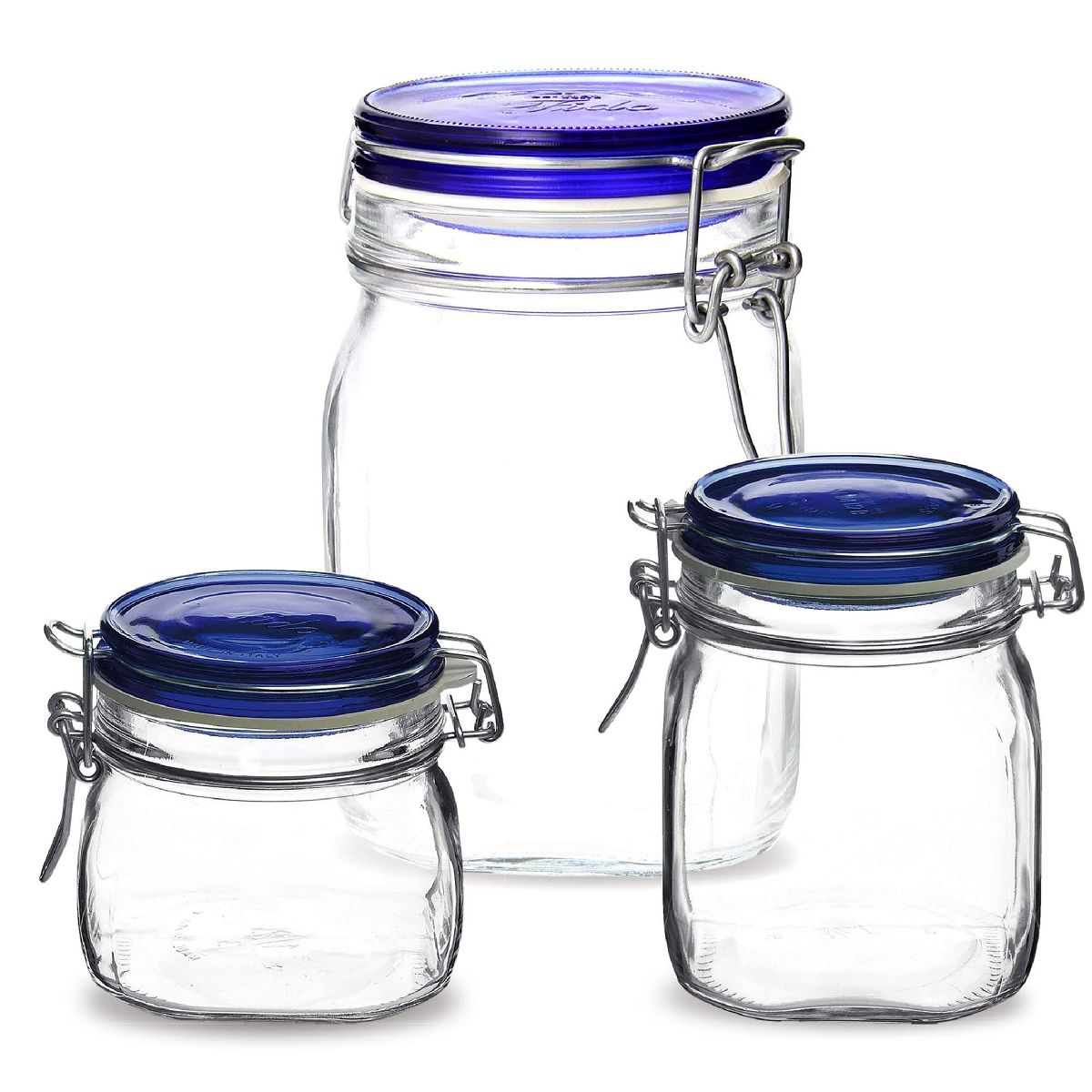 Bormioli Rocco Fido Glass Jar, Set of 3 - Blue Lid Airtight Clamp Canisters, Assorted Size Serving & Storage Jars