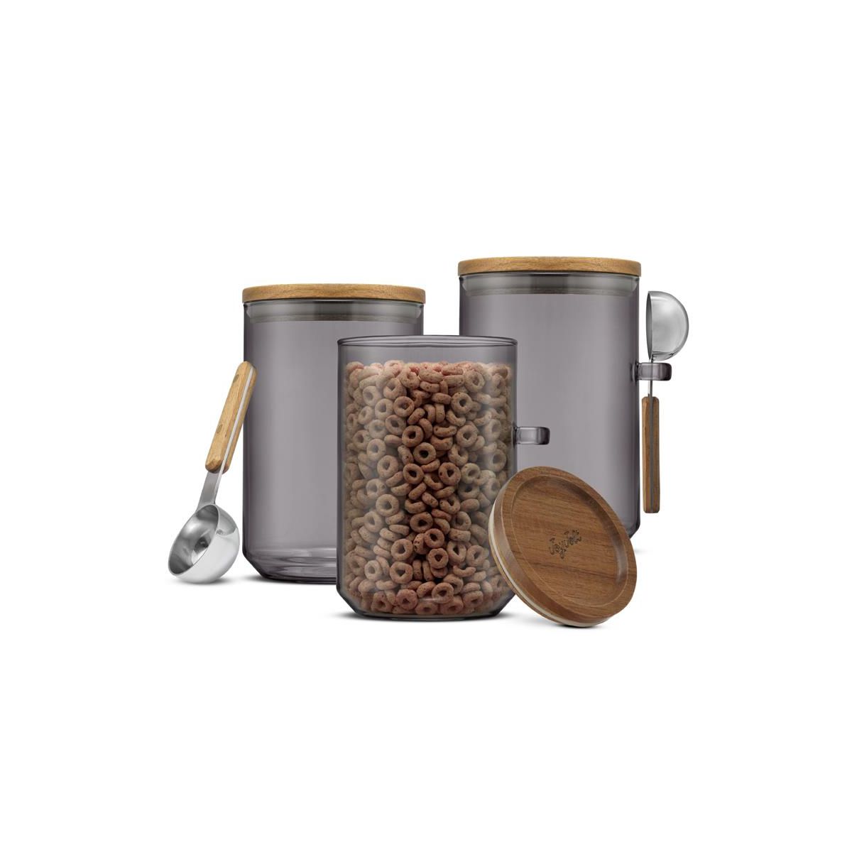 Holden 32oz Stackable Glass Storage Canister Set with Wood Lids and Scoops- Clear