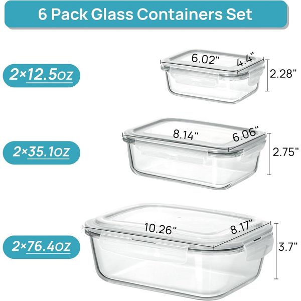 Vtopmart 6 pack 2.26L/76oz Extra Large Glass Food Storage Containers with Lids, for Microwave, Oven, Freezer, Dishwasher