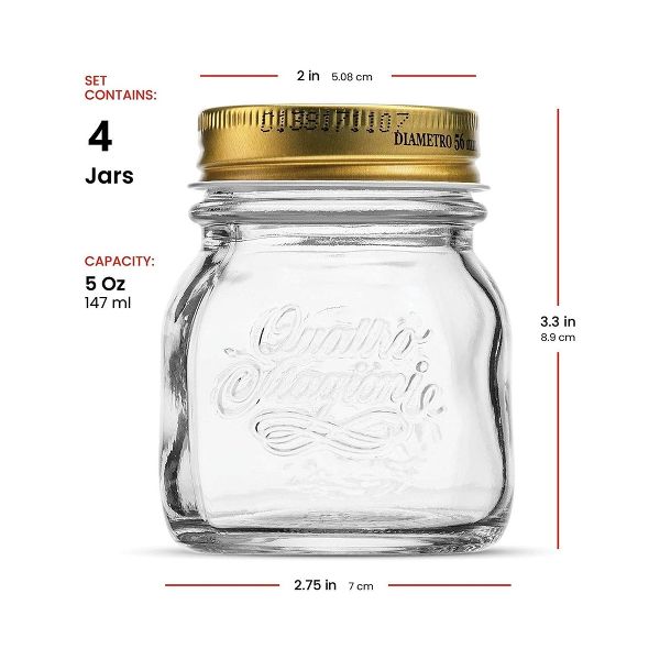 Bormioli Rocco Quattro Stagioni 5 oz Glass Preserving Jar Set of 4, Wide‑Mouth Twist‑Top Canister w/ Airtight Seal, Made in Italy, BPA‑Free