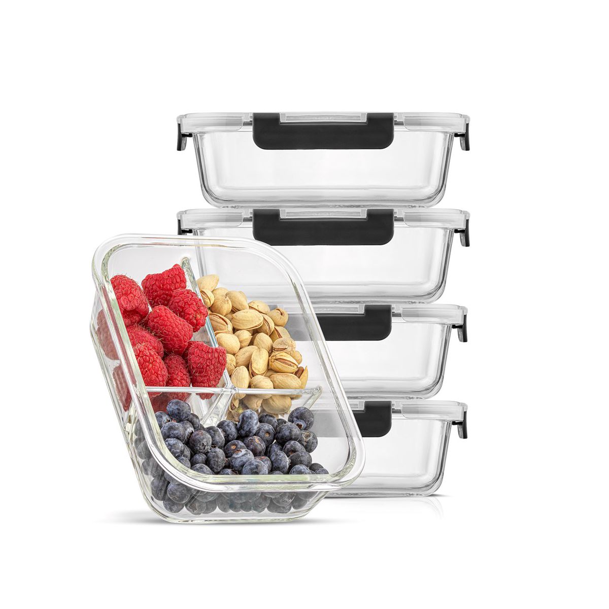 JoyJolt 3-Sectional Divided Food Prep Food Storage Containers with Lids - Set of 5 - Black