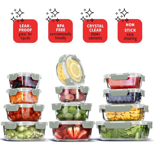 JoyTable 12-Pack Glass Food Storage Containers with Lids, Reusable Glass Food Containers with Leakproof Snap Lock Lids