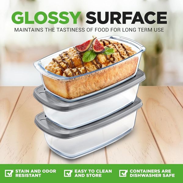 NutriChef 3 Sets High Borosilicate Glass Loaf Pan with Cover - Gray