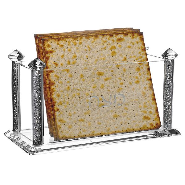 Kinor Crystal Square Matzah Box with Silver Gemstone Design for Year-Round Table Display