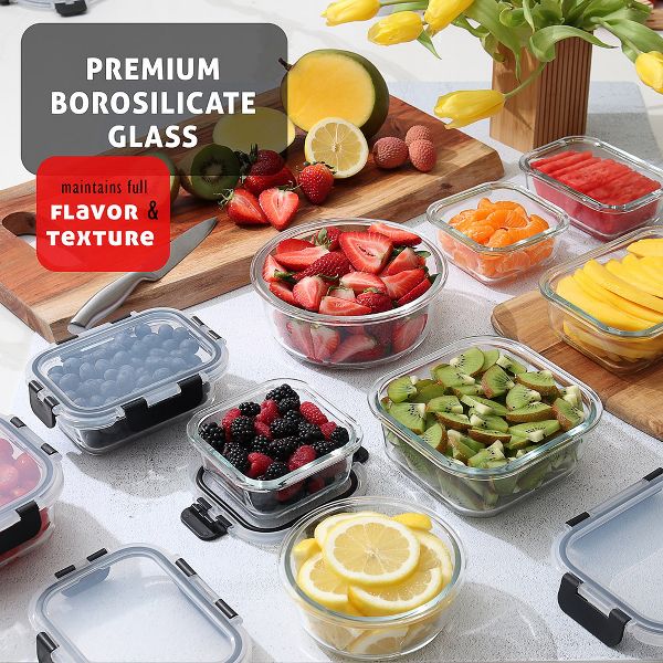 JoyTable 12-Pack Glass Food Storage Containers with Lids, Reusable Glass Food Containers with Leakproof Snap Lock Lids