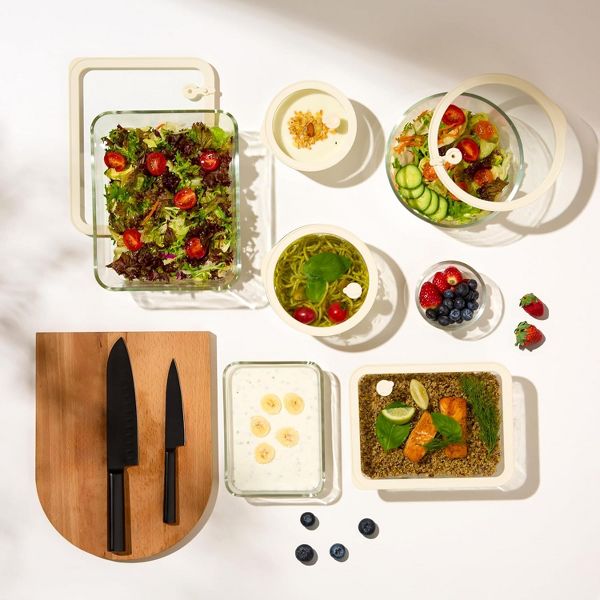 Kook Glass Storage Container Set, with Lids, Rectangular, Clear/Sand, Set of 3, (23.6/50.3/80 oz)