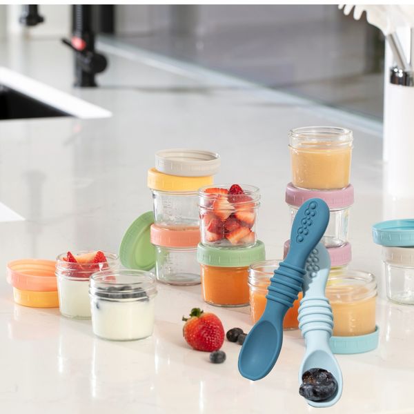 12pc Glass Baby Food Storage Jars, 4 Silicone Baby Spoons & 2 Silicone Bibs, Baby Mealtime Essentials – BPA-Free, Leakproof, and Dishwasher Safe