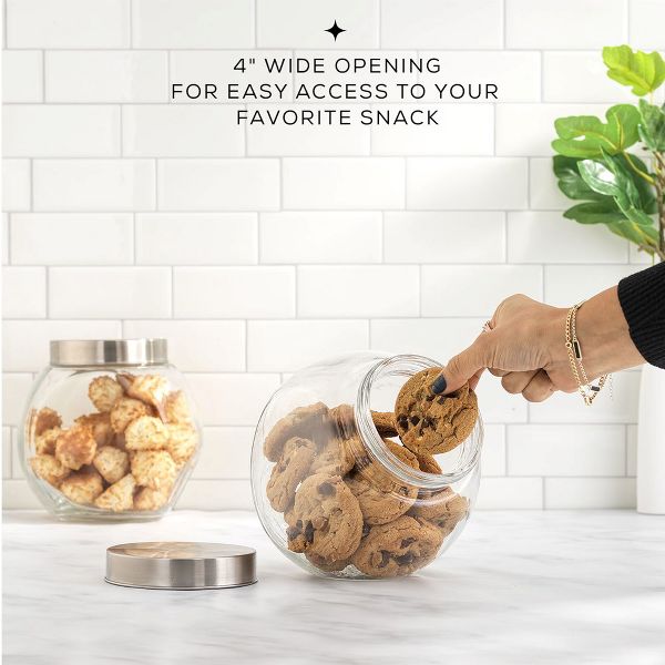 JoyFul Round Glass Cookie Jar with Airtight Lids - 67 oz Candy Jar, Dog Treat Container, Laundry Detergent Container - Set of 2