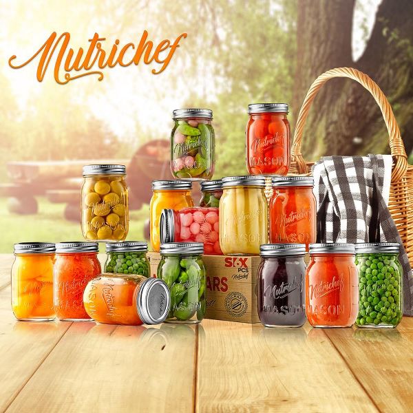 NutriChef 16 Pcs. Glass Mason Jars with Regular Lids and Bands, DIY Magnetic Spice Jars, Ideal for Meal Prep, Jam, Honey, Wedding Favors, and more