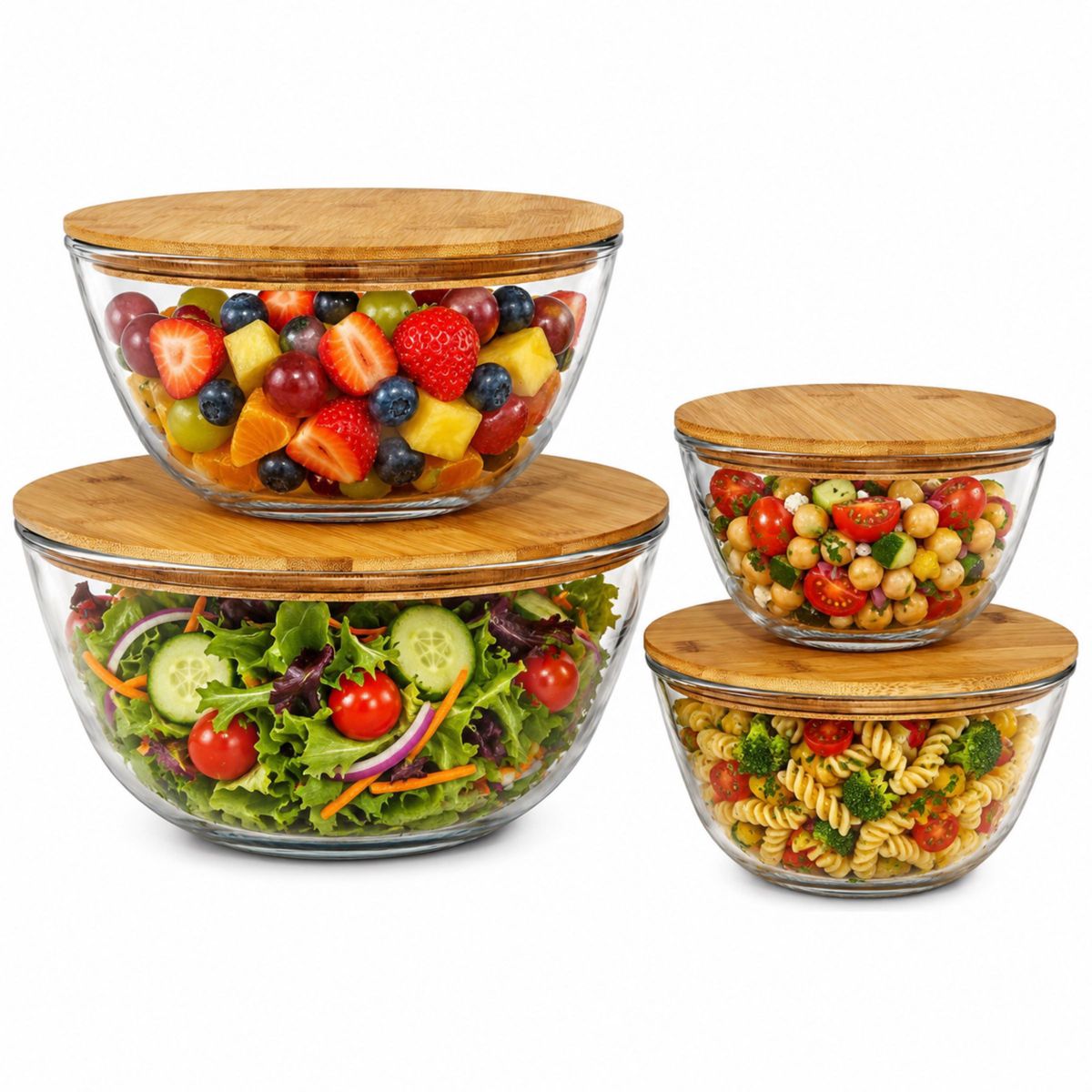 Sorbus 4-Piece Glass Bowl Set with Airtight Bamboo Lids – Nesting Mixing & Storage Bowls, BPA-Free, Microwave, Dishwasher & Freezer Safe