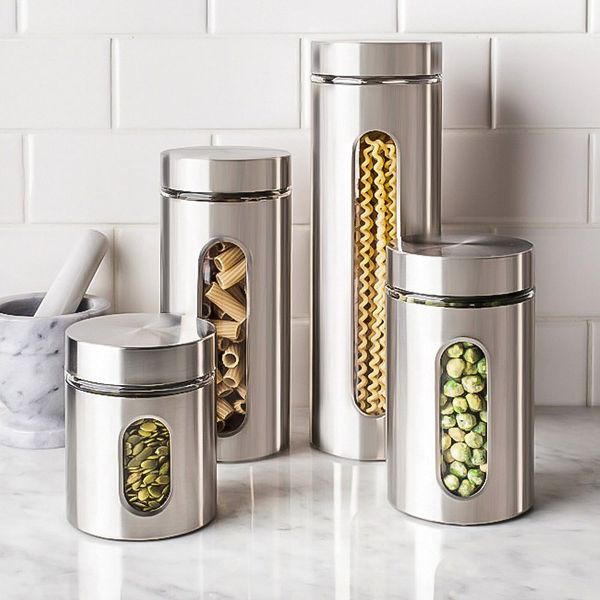 Le'raze 4pc Stainless Steel Canister Set for Kitchen Counter with Glass Window & Airtight Lids