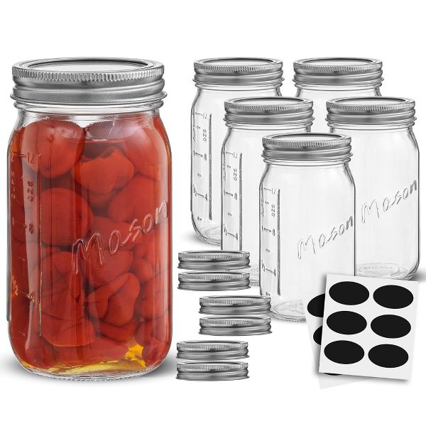 JoyJolt Regular Mason Jars with Airtight Lids, Labels and Measures - 16 oz - Set of 6