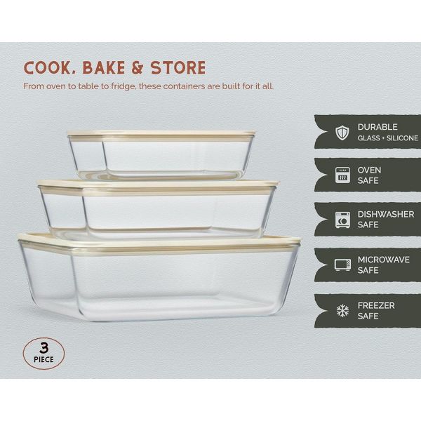 Kook Glass Storage Container Set, with Lids, Rectangular, Clear/Sand, Set of 3, (23.6/50.3/80 oz)