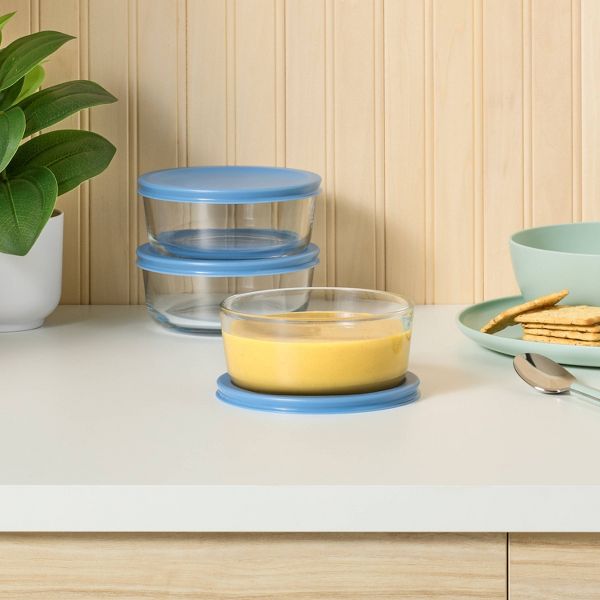6pc (set of 3) 2c Round Glass Food Storage Container Set Blue - Room Essentials™