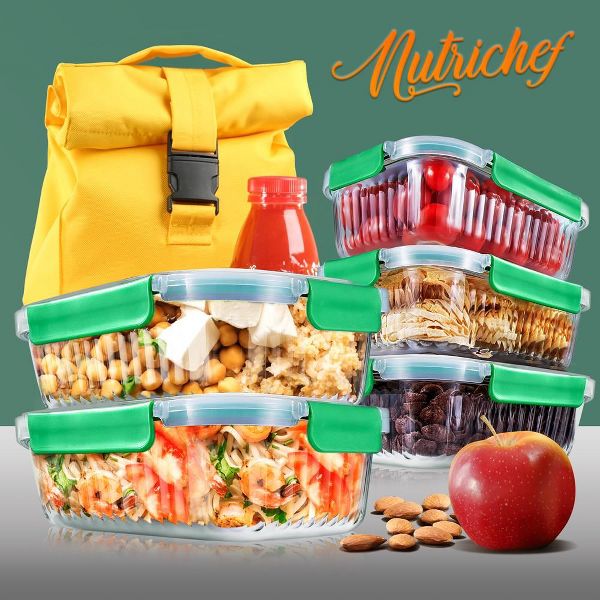 NutriChef 5-Piece Superior Glass Food Storage Containers Set - Stackable Design, Newly BPA-free Airtight Locking lids with Wave Design