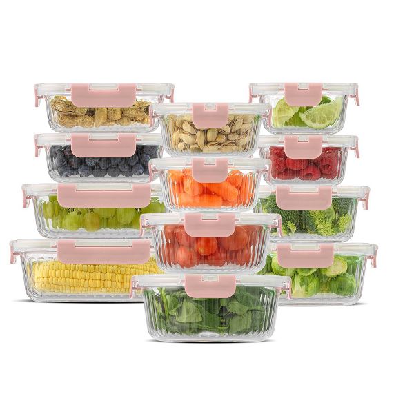 JoyJolt 24 Piece Fluted Glass Food Storage Containers with Leakproof Lids Set - Black