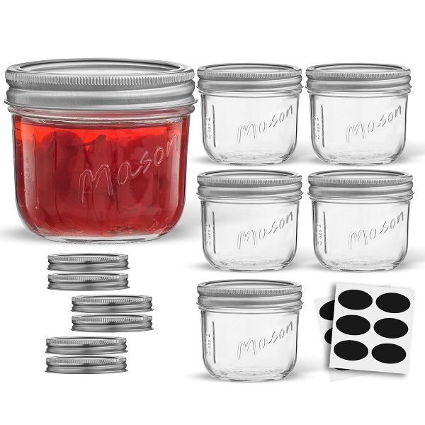 JoyJolt Wide Mason Jars with Airtight Lids, Labels and Measures - 8 oz - Set of 6