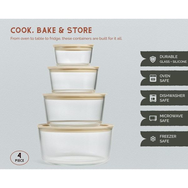 Kook Glass Nesting Bowl Set with Lids, Clear/Sand, Set of 4 (7/17/32/50 oz)