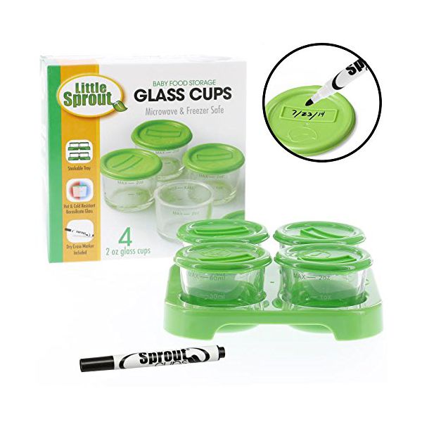 Glass Food Storage Containers (4 Pk) - 2oz Jars in Stackable Storage Tray w Tight Interlocking Base- Microwave, Freezer & Dishwasher Safe