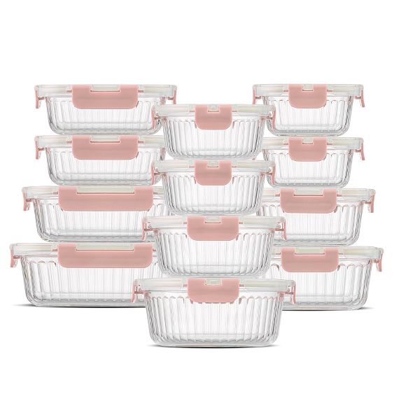 JoyJolt 24 Piece Fluted Glass Food Storage Containers with Leakproof Lids Set - Black