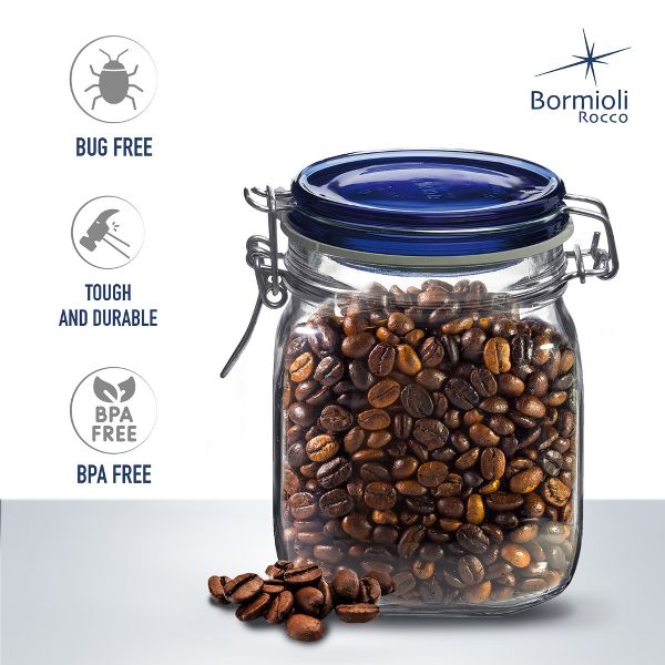 Bormioli Rocco Fido Glass Canning Jars, Airtight Storage Containers with Blue Lids – 50.75 oz Clamp Lock Canisters – Italian Made Glass (Set of 2)
