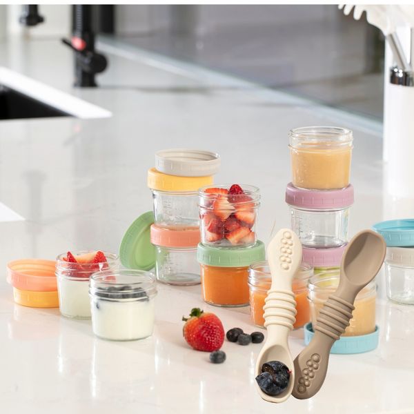 12pc Glass Baby Food Storage Jars, 4 Silicone Baby Spoons & 2 Silicone Bibs, Baby Mealtime Essentials – BPA-Free, Leakproof, and Dishwasher Safe