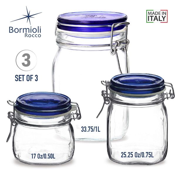Bormioli Rocco Fido Glass Jar, Set of 3 - Blue Lid Airtight Clamp Canisters, Assorted Size Serving & Storage Jars