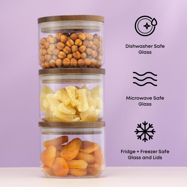 Holden Stackable Glass Storage Canister Set with Wood Lids and Tray- 14oz