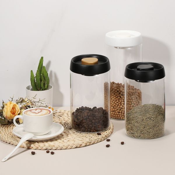 Unique Bargains Glass Airtight Vacuum Seal Coffee Bean Containers 17oz 2 Pcs Black