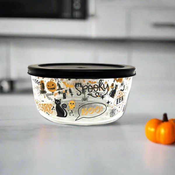 Dura Culina® Halloween Glass Food Round Stackable Storage Sets (2 Cup Size, 3 Containers + 3 Lids)