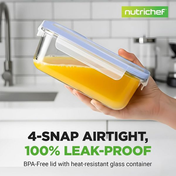 NutriChef 10-Piece Glass Food Storage Container Set with Blue Leakproof Locking Lids, Stackable Meal Prep Containers, Freezer-to-Oven Safe