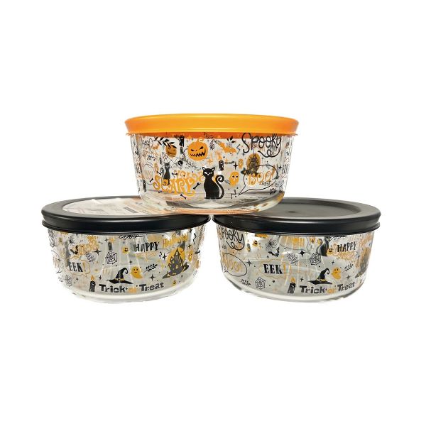 Dura Culina® Halloween Glass Food Round Stackable Storage Sets (2 Cup Size, 3 Containers + 3 Lids)