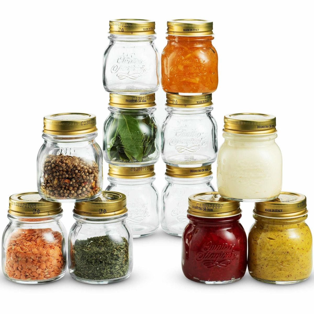 Bormioli Rocco Quattro Stagioni 10.75 oz Glass Preserving Jar Set of 12, Wide‑Mouth Twist‑Top Canister with Airtight Seal, Bee embossed Storage