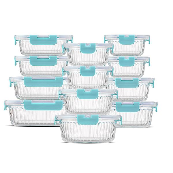 JoyJolt 24 Piece Fluted Glass Food Storage Containers with Leakproof Lids Set - Black