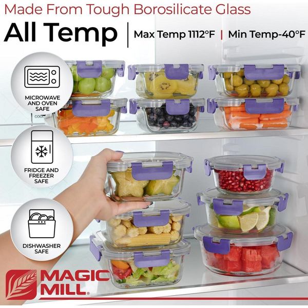 Magic Mill 24pc Glass Food Storage Container Set – Airtight Lids, Dishwasher Safe, BPA-Free, Purple