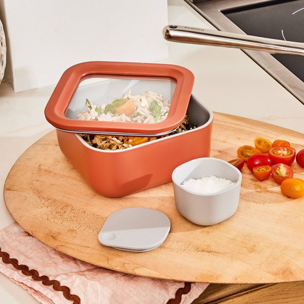 Caraway Home Small Ceramic Coated Glass Food Storage Container Cream: Oven & Microwave Safe, 4.4 Cup Capacity
