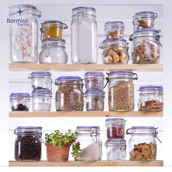 Bormioli Rocco Fido Glass Canning Jars, Airtight Storage Containers with Blue Lids – 50.75 oz Clamp Lock Canisters – Italian Made Glass (Set of 2)