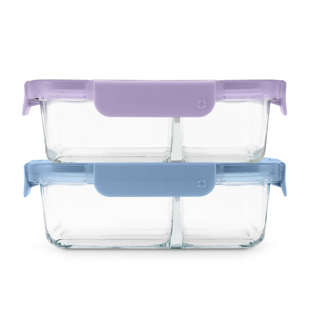 Ello Color Lock Glass 3.4c 2pk Divided Meal Prep Food Storage Container Set Purple/Blue